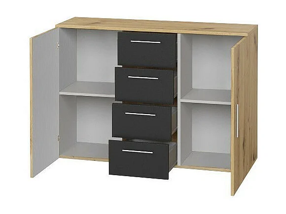 Cômoda com 2 portas e 4 gavetas de 130cm. Coleção IRINA imitação de carvalho claro e preto.