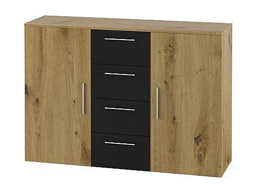 Commode 2 portes et 4 tiroirs 130cm. Collection IRINA imitation chêne clair et noir.