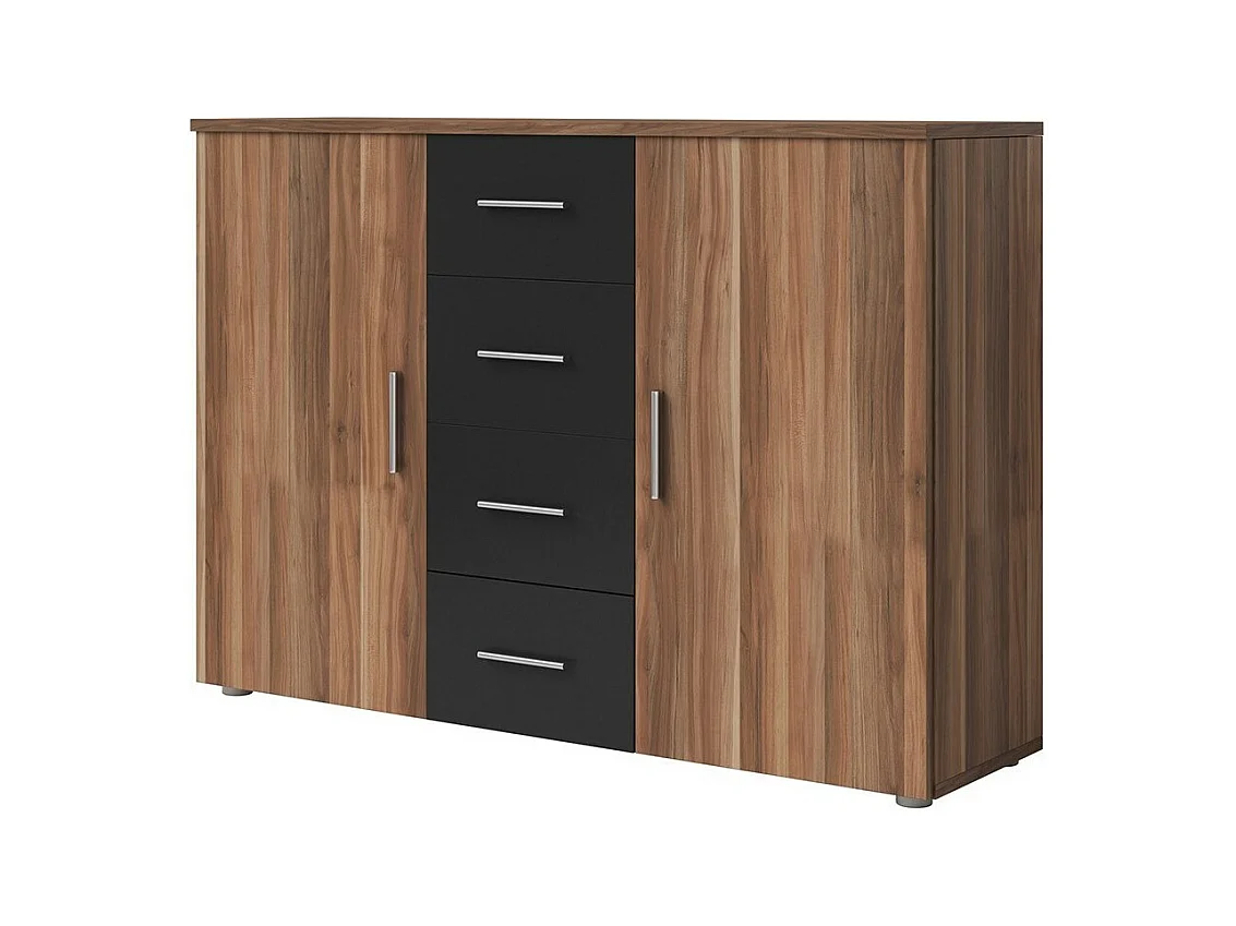 Commode 2 portes et 4 tiroirs 130cm. Collection IRINA couleur red wallnut et noir.