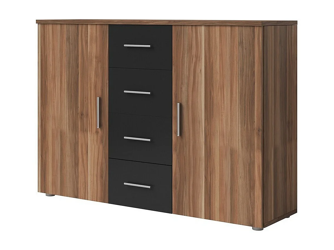 Commode 2 portes et 4 tiroirs 130cm. Collection IRINA couleur red wallnut et noir.