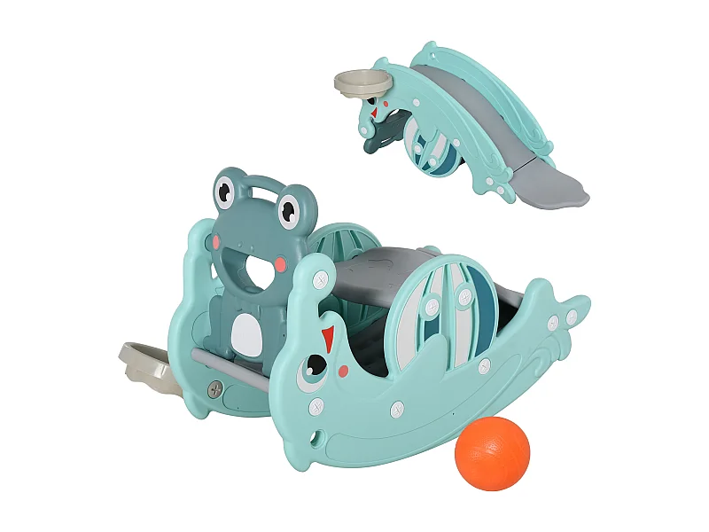 Cheval à bascule grenouille 3 en 1 toboggan panier basket 3 à 5 ans dim. 72L x 34l x 47H cm bleu turquoise