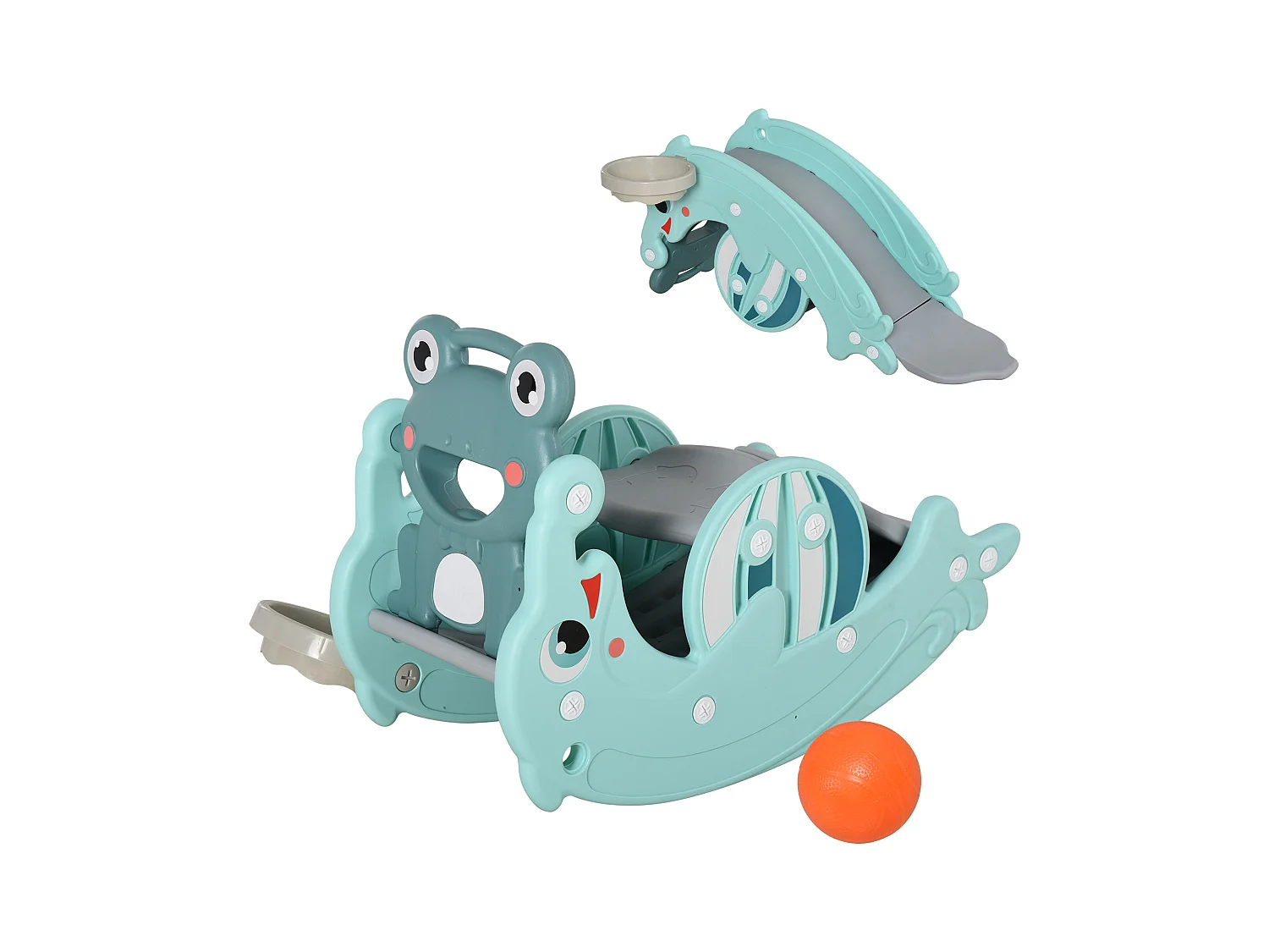 Cheval à bascule grenouille 3 en 1 toboggan panier basket 3 à 5 ans dim. 72L x 34l x 47H cm bleu turquoise