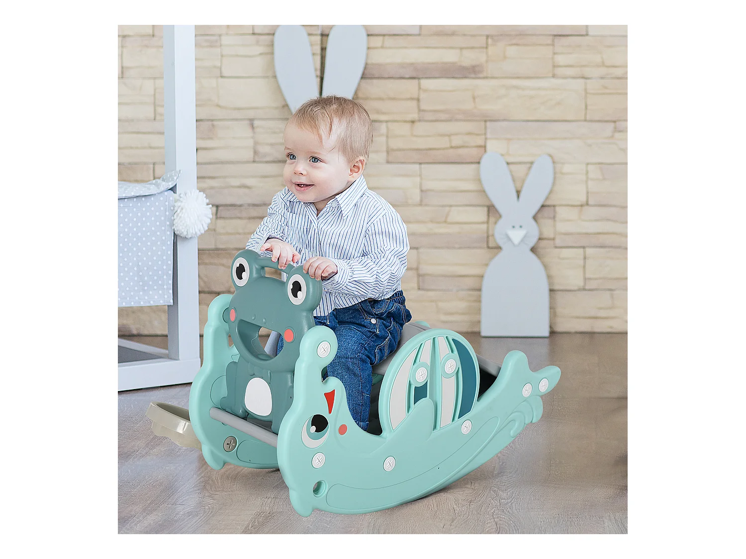 Cheval à bascule grenouille 3 en 1 toboggan panier basket 3 à 5 ans dim. 72L x 34l x 47H cm bleu turquoise