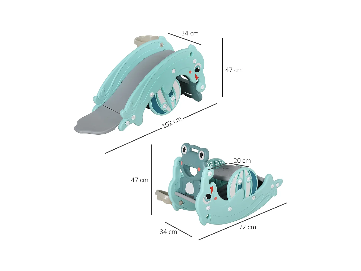 Cheval à bascule grenouille 3 en 1 toboggan panier basket 3 à 5 ans dim. 72L x 34l x 47H cm bleu turquoise