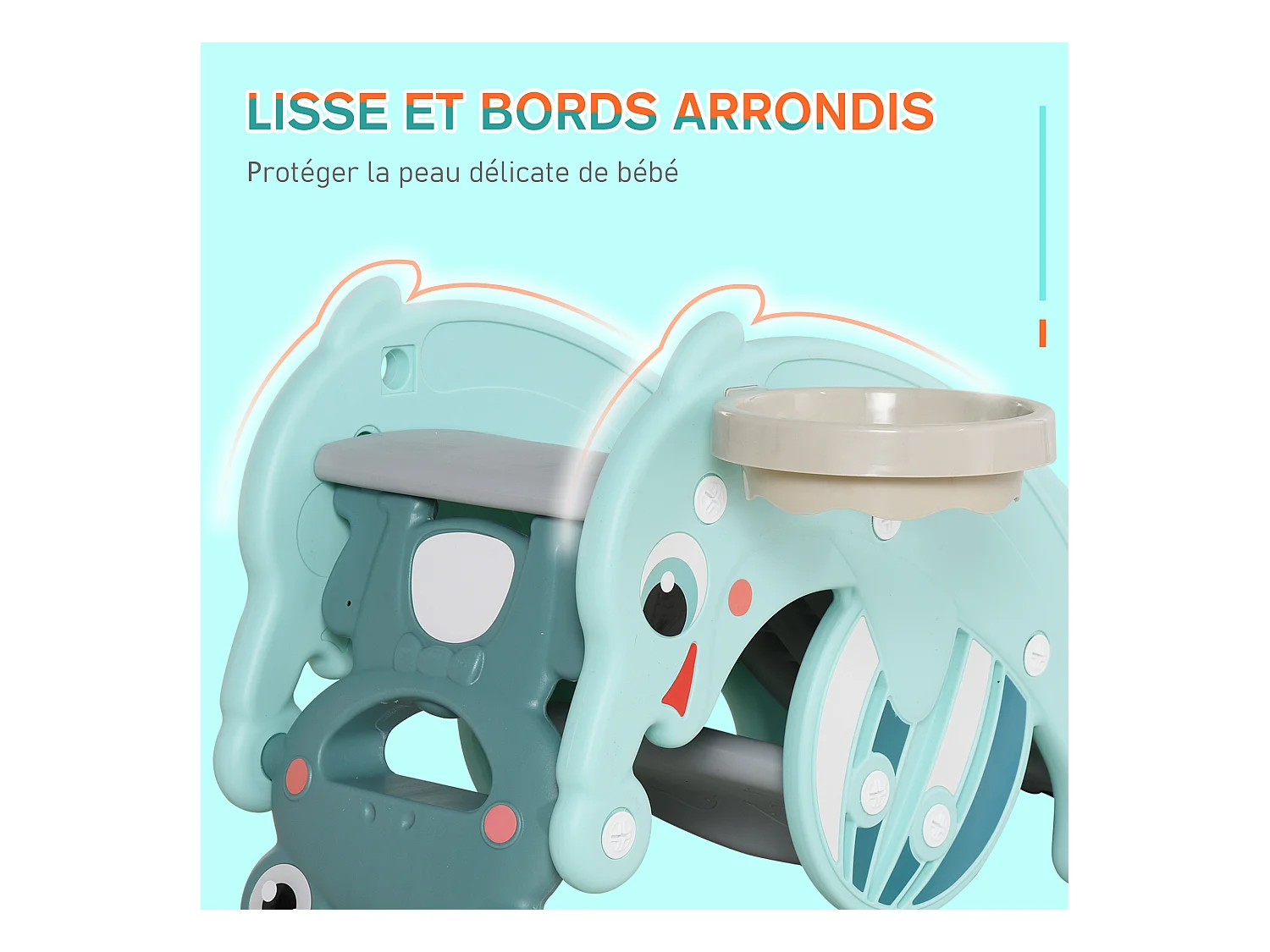 Cheval à bascule grenouille 3 en 1 toboggan panier basket 3 à 5 ans dim. 72L x 34l x 47H cm bleu turquoise