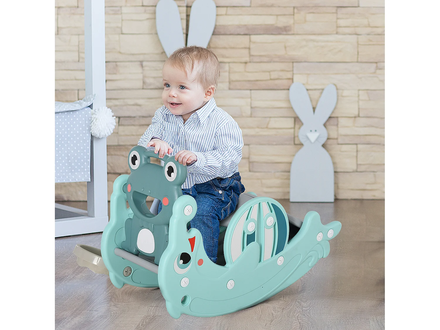 Cheval à bascule grenouille 3 en 1 toboggan panier basket 3 à 5 ans dim. 72L x 34l x 47H cm bleu turquoise