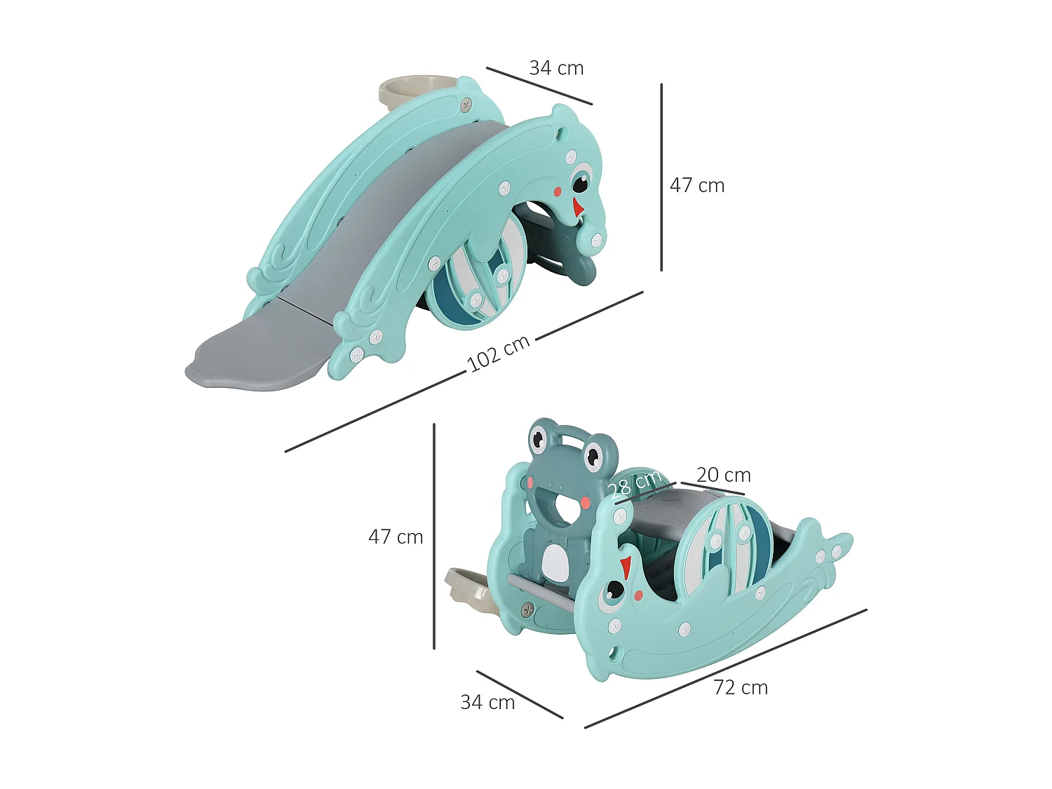 Cheval à bascule grenouille 3 en 1 toboggan panier basket 3 à 5 ans dim. 72L x 34l x 47H cm bleu turquoise