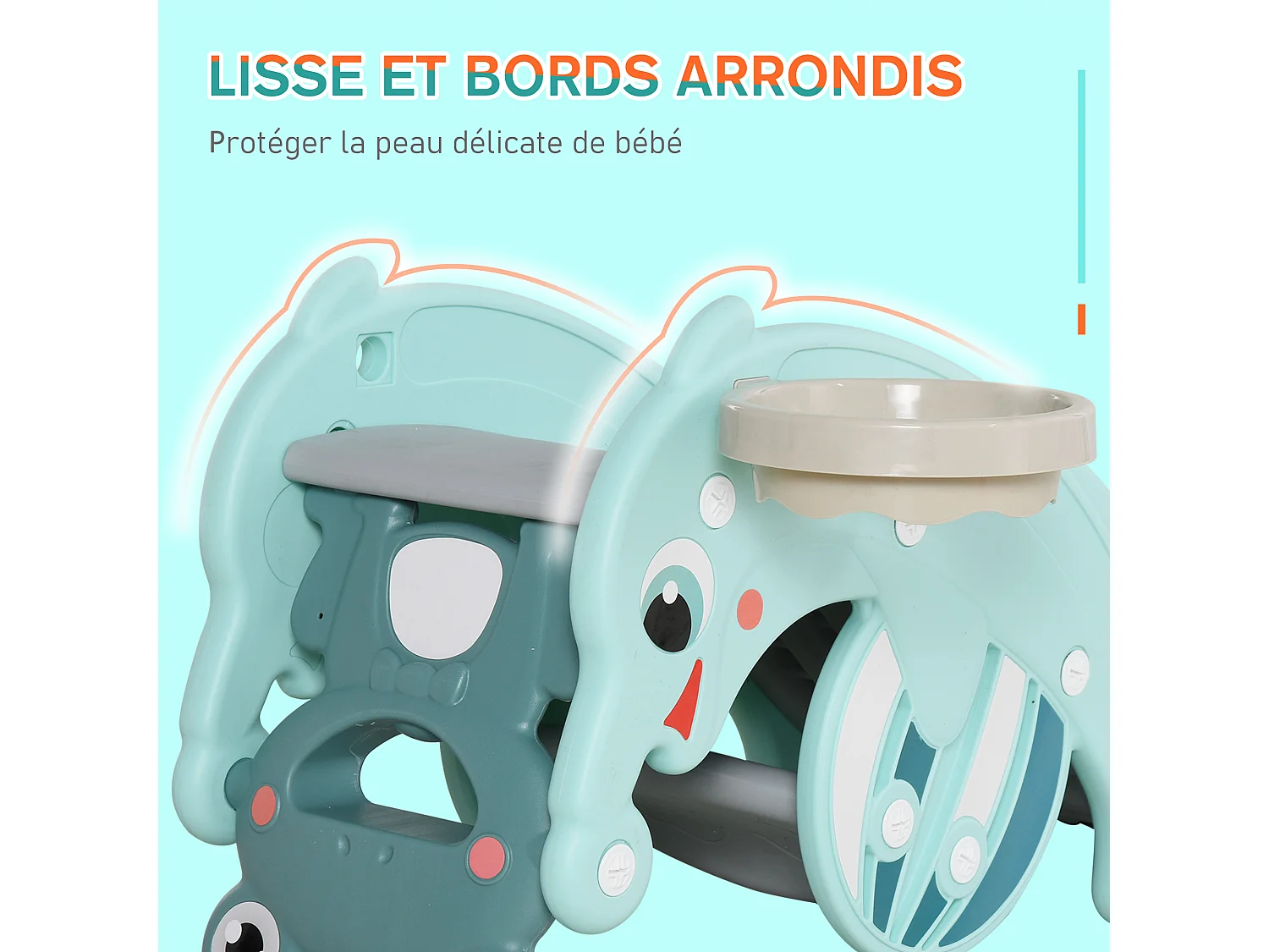 Cheval à bascule grenouille 3 en 1 toboggan panier basket 3 à 5 ans dim. 72L x 34l x 47H cm bleu turquoise