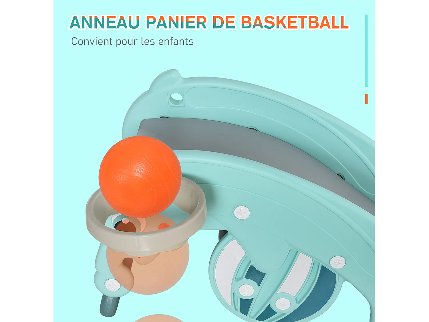 Cheval à bascule grenouille 3 en 1 toboggan panier basket 3 à 5 ans dim. 72L x 34l x 47H cm bleu turquoise