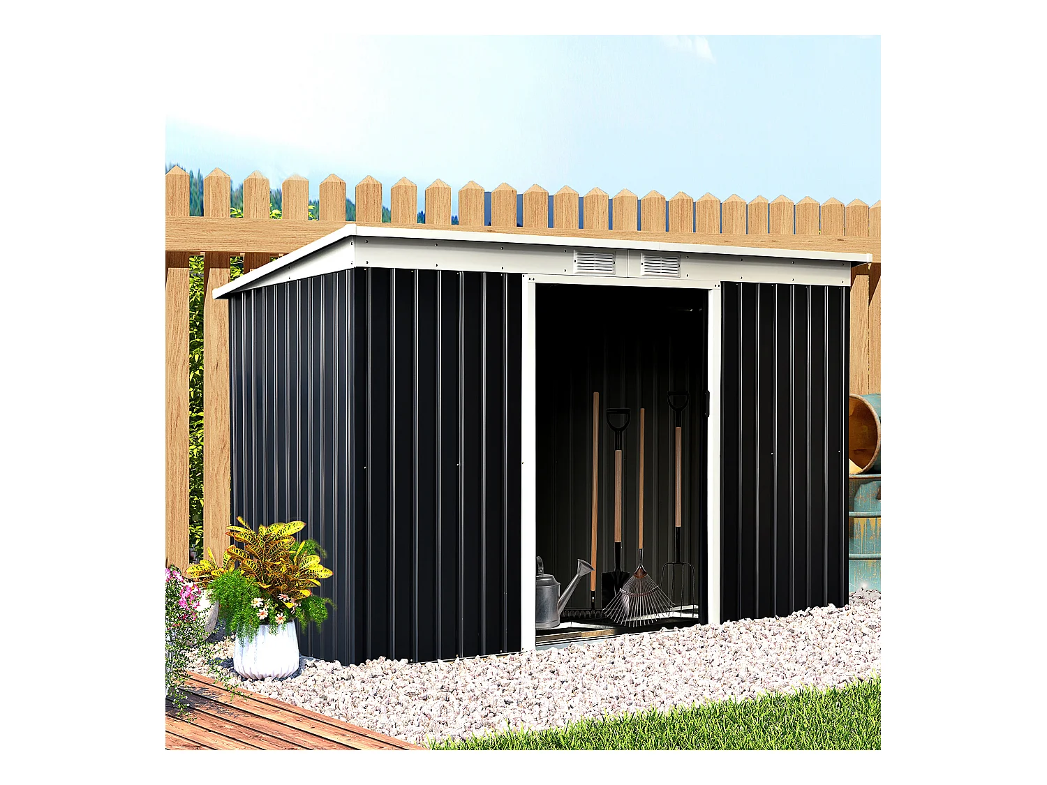 Abri de jardin - remise pour outils - cabanon portes verrouillables - dim. 2,8L x 1,3l x 1,72H m - tôle d'acier gris noir