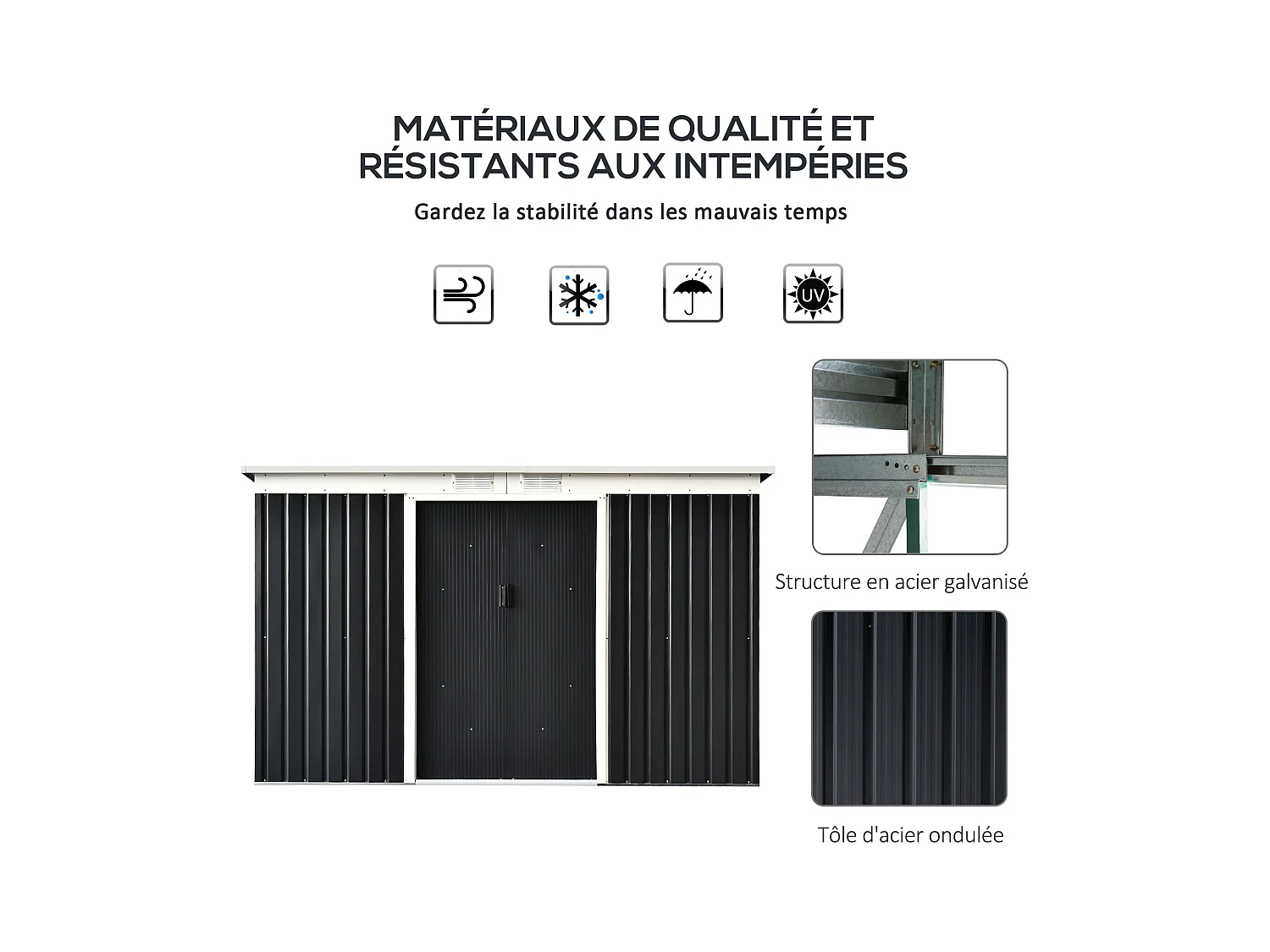 Abri de jardin - remise pour outils - cabanon portes verrouillables - dim. 2,8L x 1,3l x 1,72H m - tôle d'acier gris noir