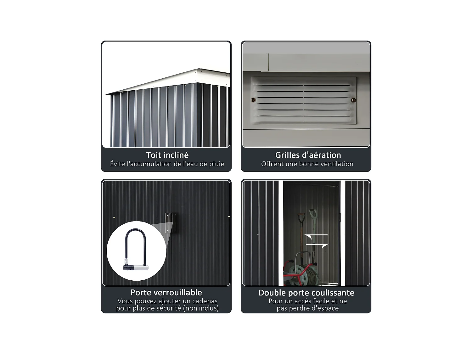 Abri de jardin - remise pour outils - cabanon portes verrouillables - dim. 2,8L x 1,3l x 1,72H m - tôle d'acier gris noir