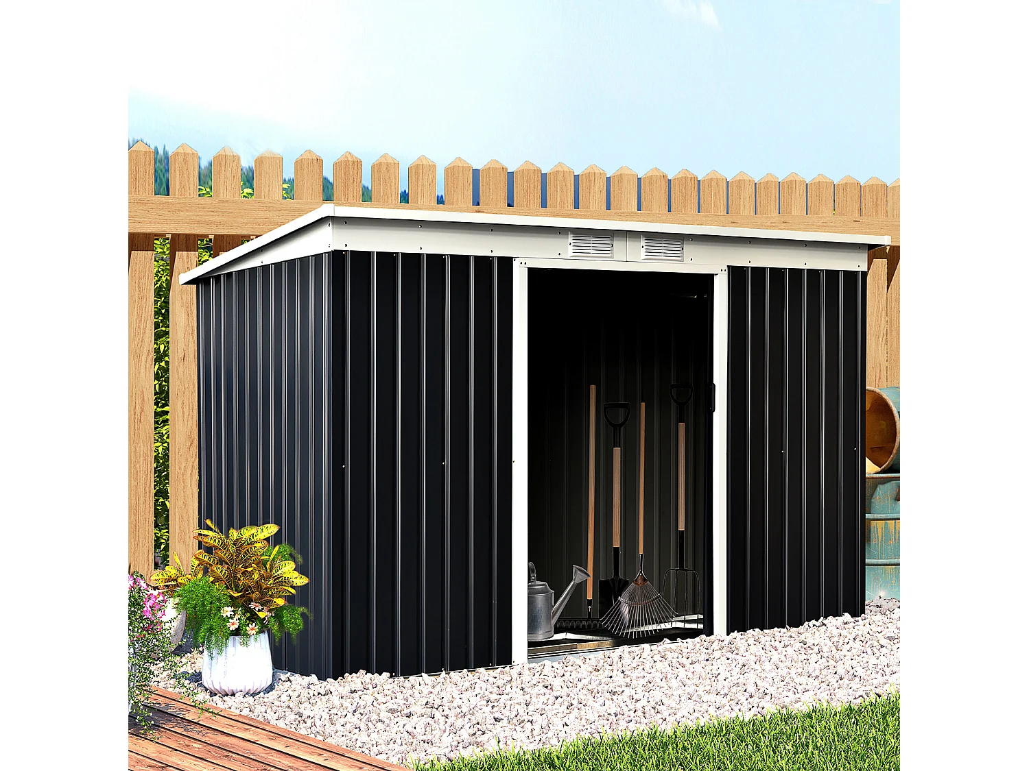 Abri de jardin - remise pour outils - cabanon portes verrouillables - dim. 2,8L x 1,3l x 1,72H m - tôle d'acier gris noir