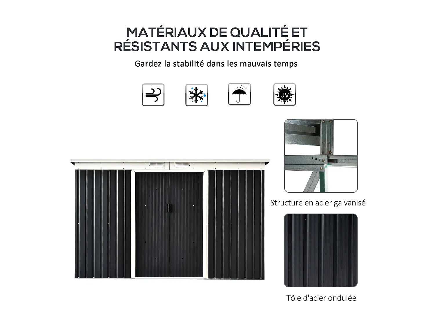 Abri de jardin - remise pour outils - cabanon portes verrouillables - dim. 2,8L x 1,3l x 1,72H m - tôle d'acier gris noir