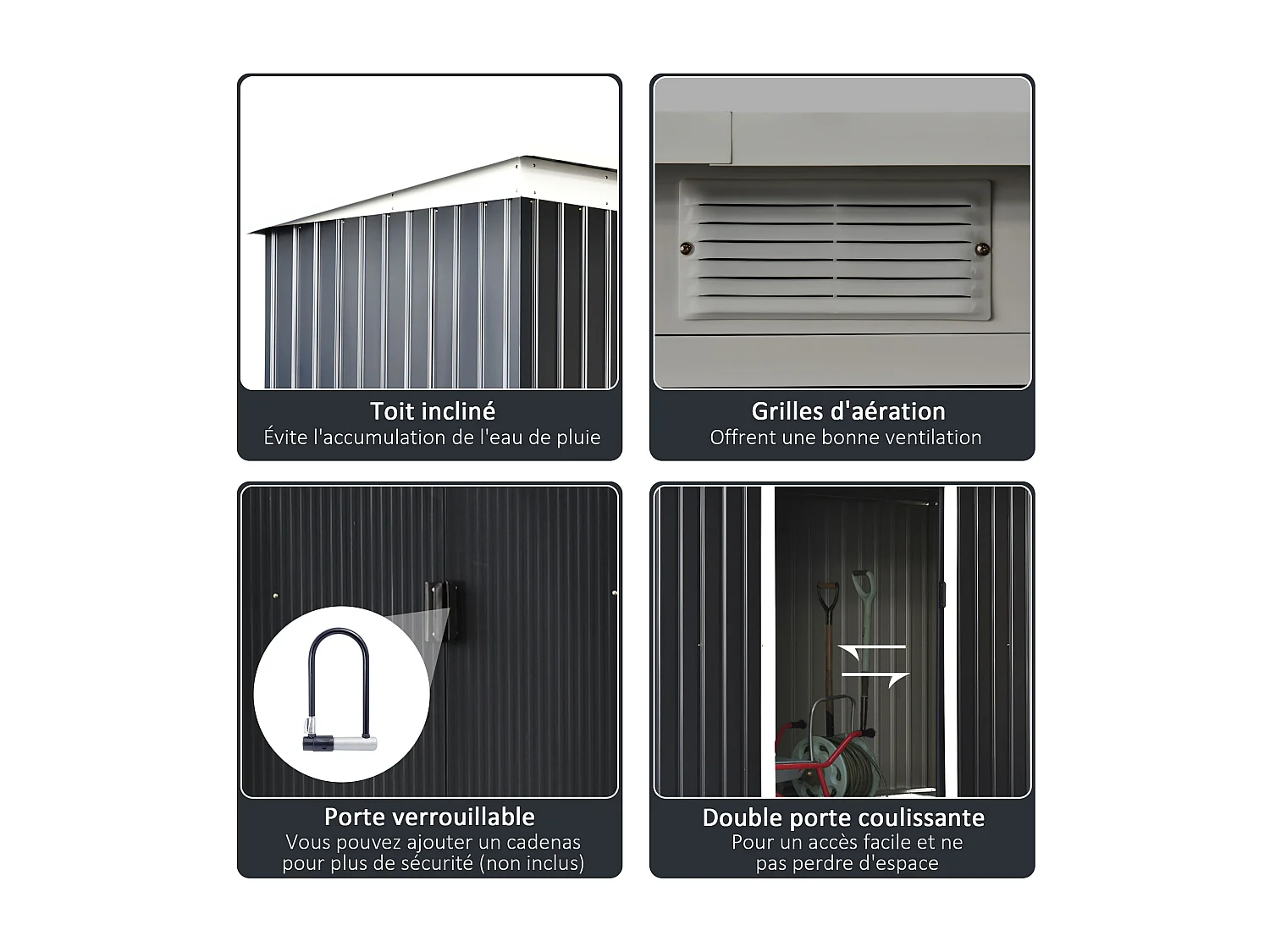 Abri de jardin - remise pour outils - cabanon portes verrouillables - dim. 2,8L x 1,3l x 1,72H m - tôle d'acier gris noir