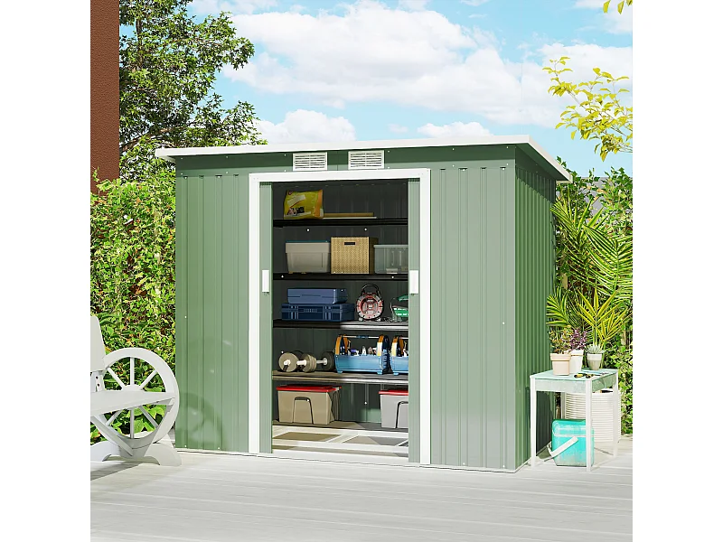 Abri de jardin - remise pour outils - fondation incluse - cabanon 2 portes coulissantes verrouillables - dim. 213L x 130l x 173H cm - tôle d'acier vert