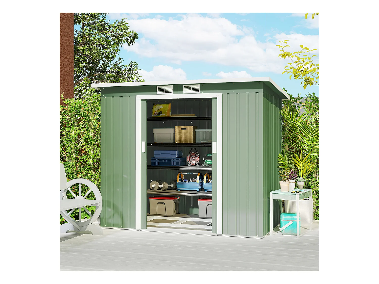 Abri de jardin - remise pour outils - fondation incluse - cabanon 2 portes coulissantes verrouillables - dim. 213L x 130l x 173H cm - tôle d'acier vert
