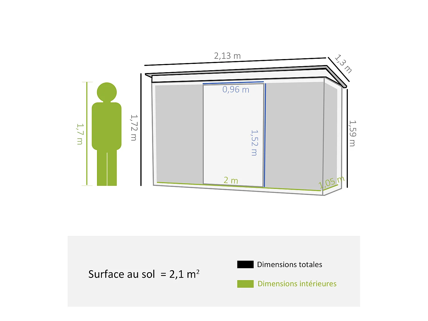 Abri de jardin - remise pour outils - fondation incluse - cabanon 2 portes coulissantes verrouillables - dim. 213L x 130l x 173H cm - tôle d'acier vert