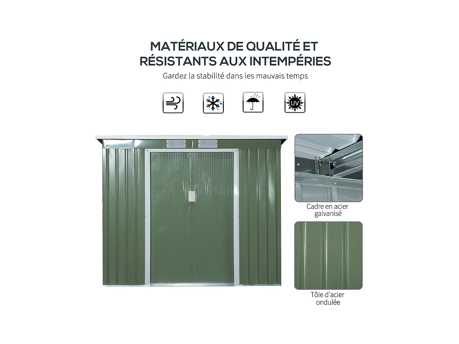 Abri de jardin - remise pour outils - fondation incluse - cabanon 2 portes coulissantes verrouillables - dim. 213L x 130l x 173H cm - tôle d'acier vert