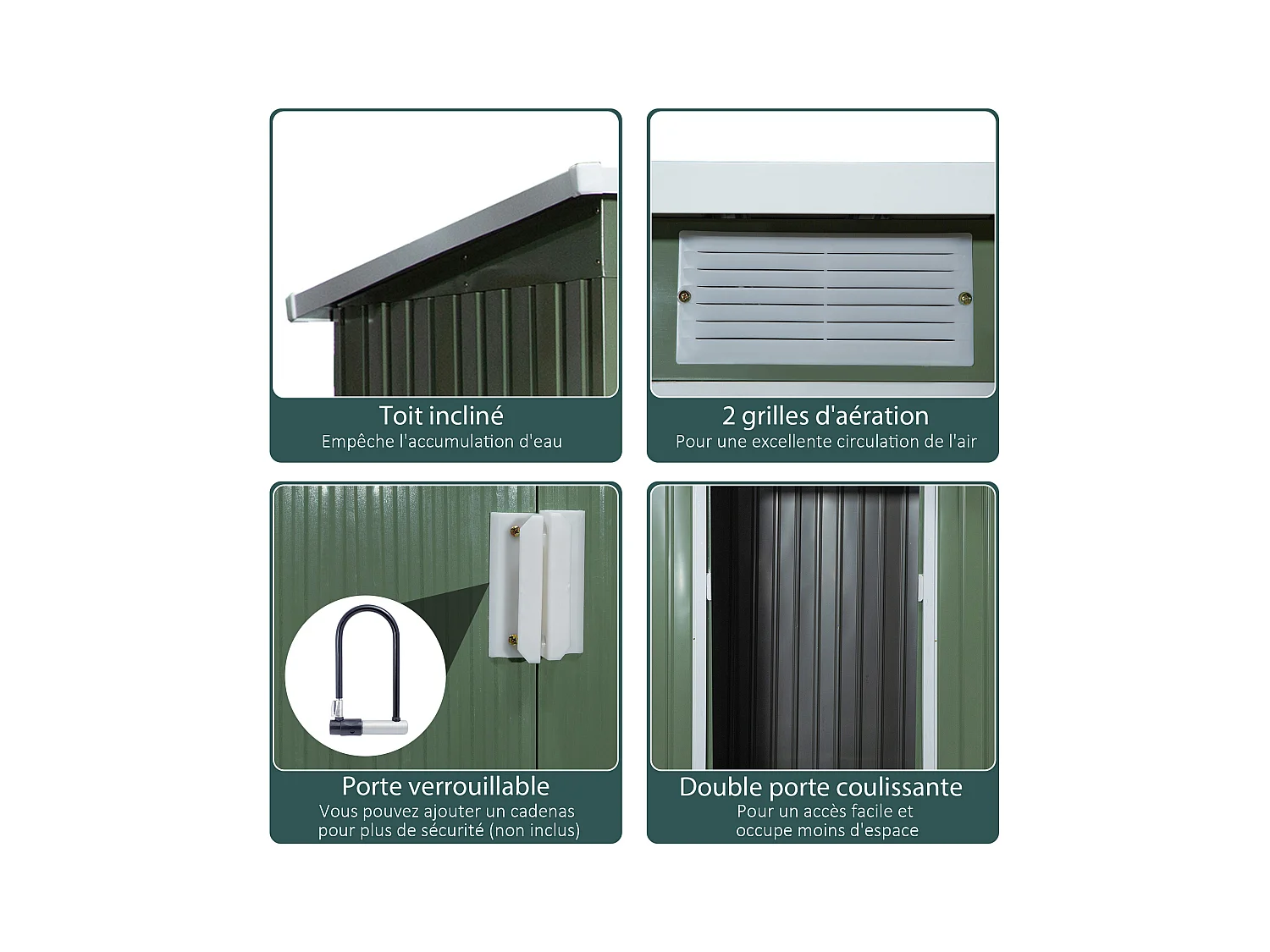 Abri de jardin - remise pour outils - fondation incluse - cabanon 2 portes coulissantes verrouillables - dim. 213L x 130l x 173H cm - tôle d'acier vert