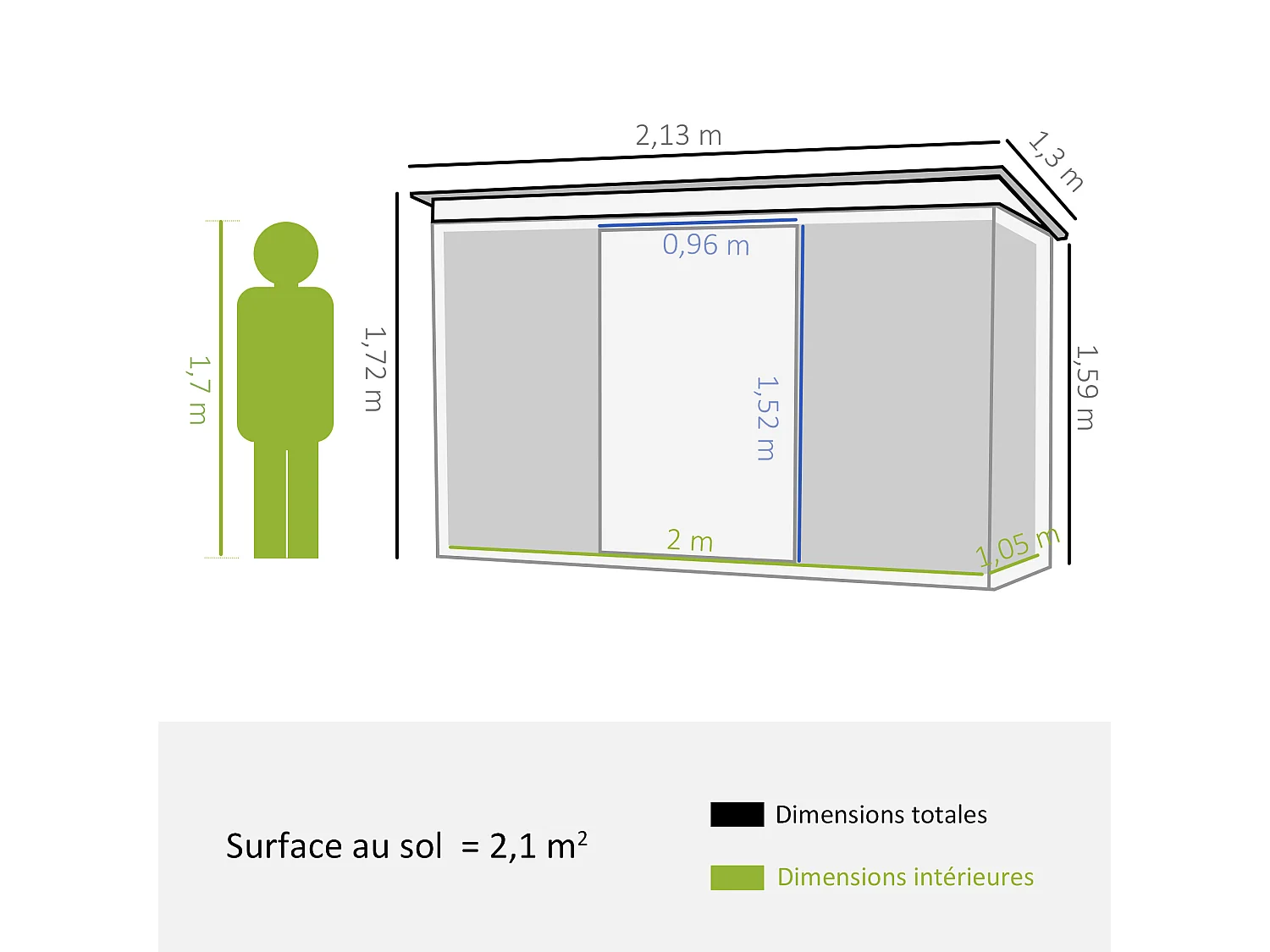 Abri de jardin - remise pour outils - fondation incluse - cabanon 2 portes coulissantes verrouillables - dim. 213L x 130l x 173H cm - tôle d'acier vert