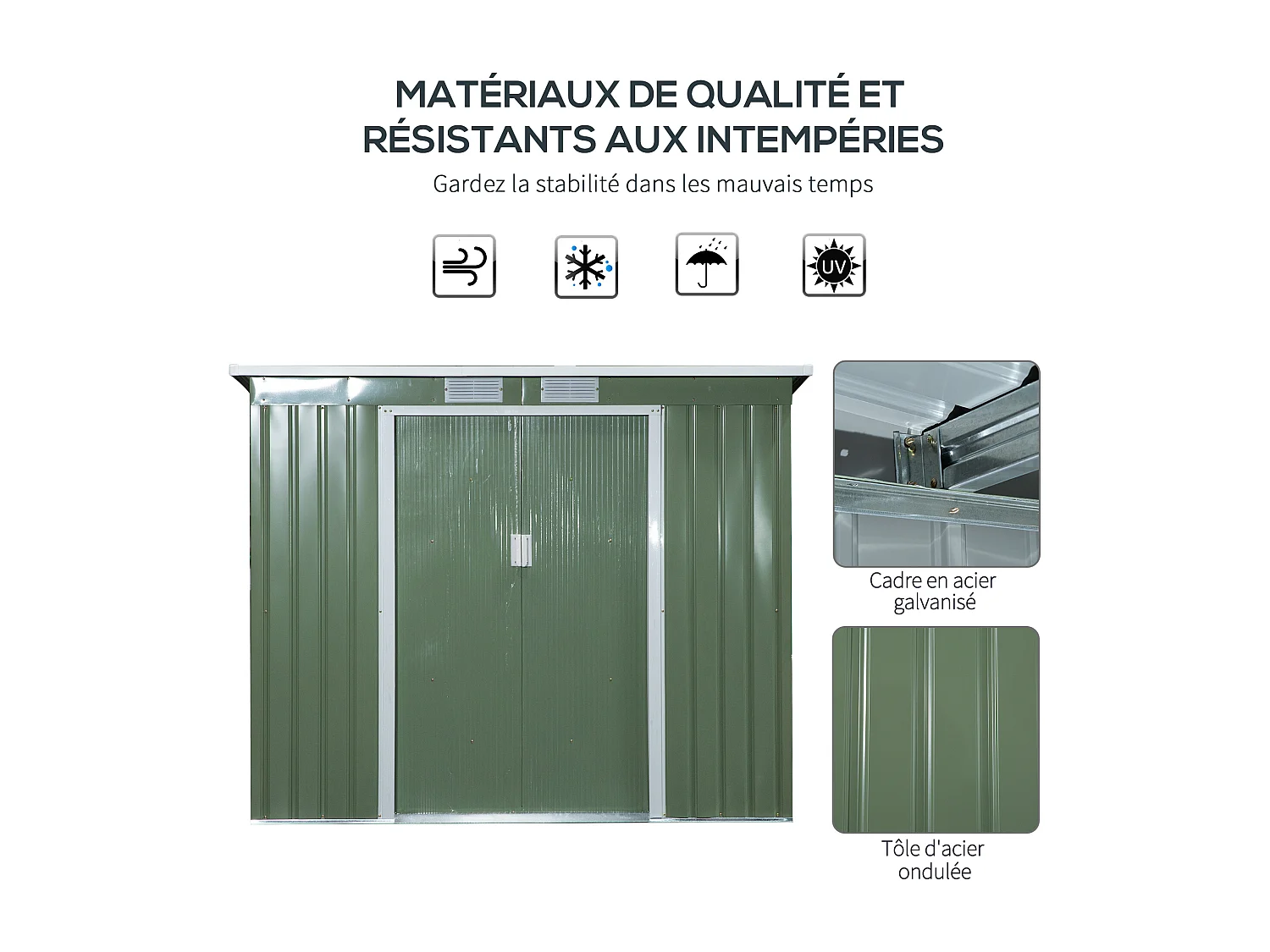 Abri de jardin - remise pour outils - fondation incluse - cabanon 2 portes coulissantes verrouillables - dim. 213L x 130l x 173H cm - tôle d'acier vert