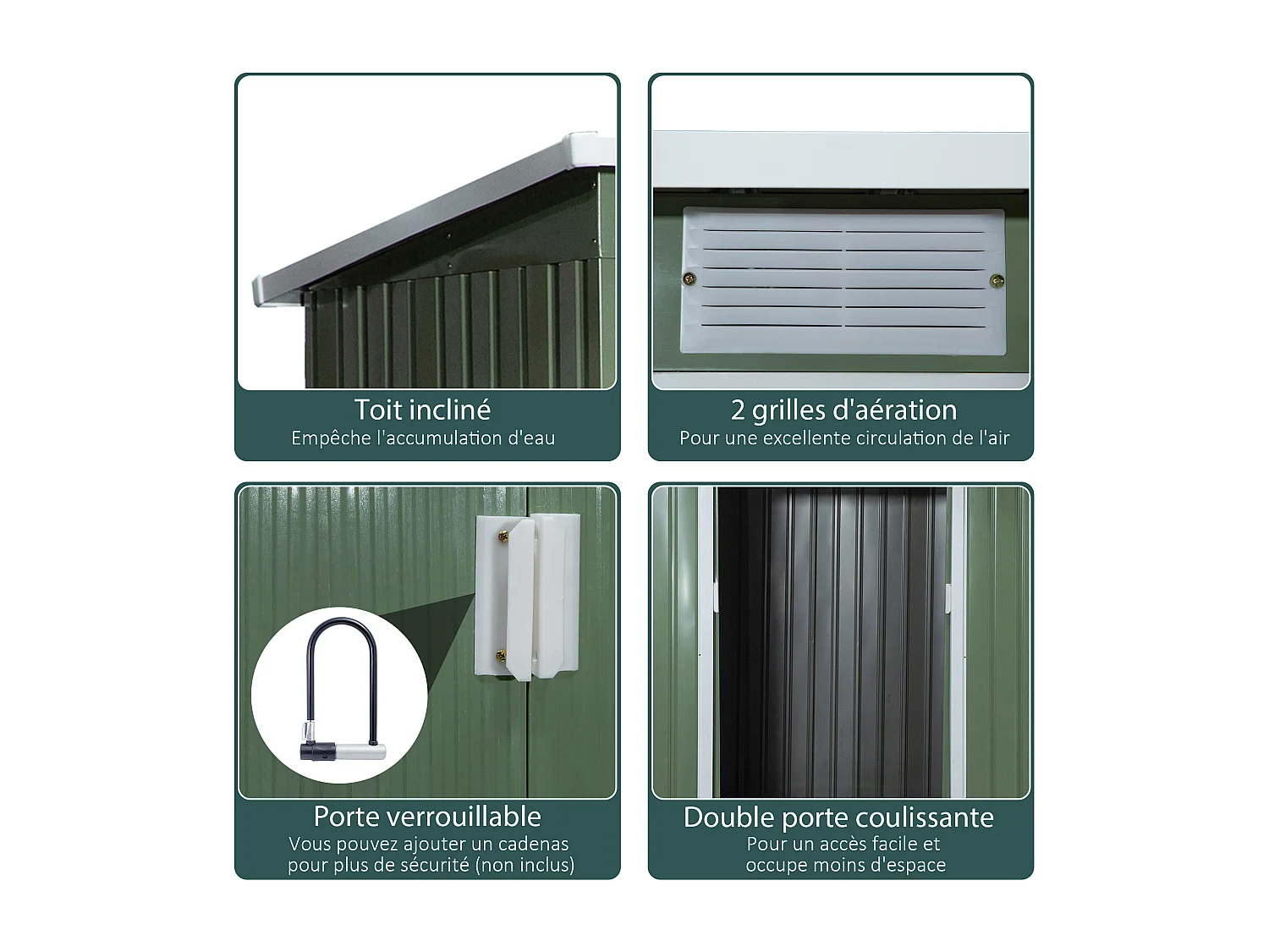 Abri de jardin - remise pour outils - fondation incluse - cabanon 2 portes coulissantes verrouillables - dim. 213L x 130l x 173H cm - tôle d'acier vert