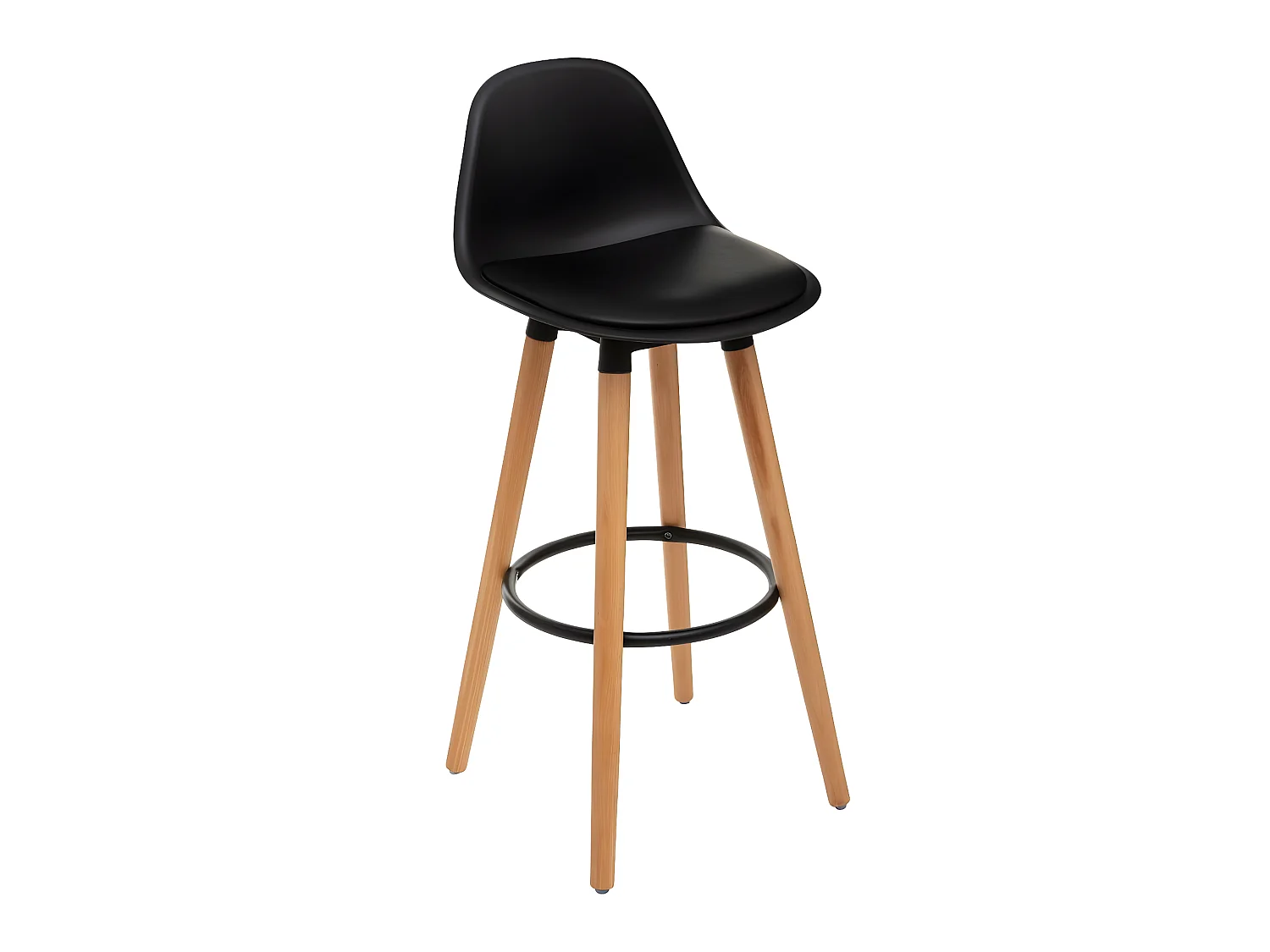 Tabouret de bar confortable Assise Noire et Pieds en Bois H 92 cm