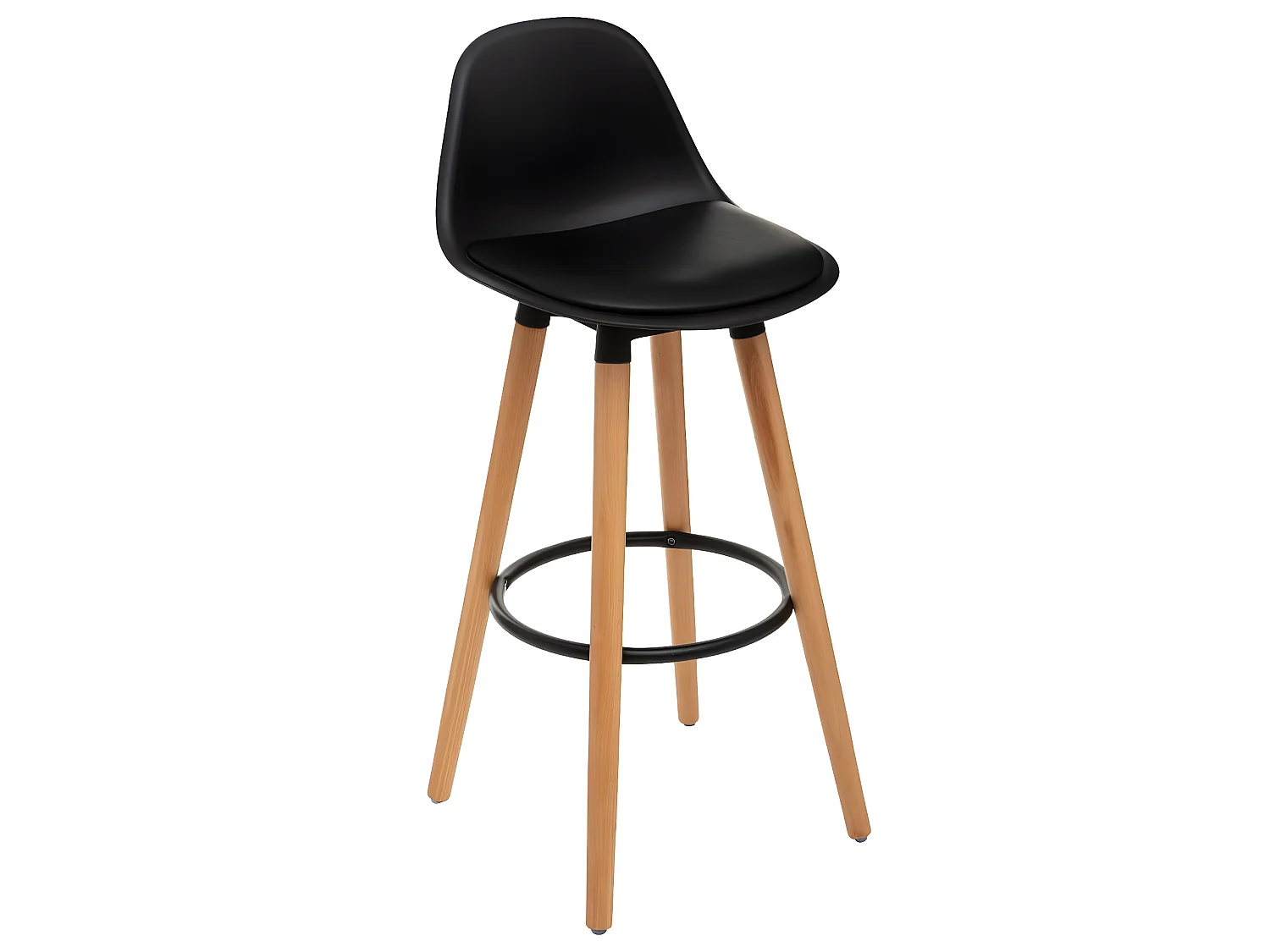 Tabouret de bar confortable Assise Noire et Pieds en Bois H 92 cm