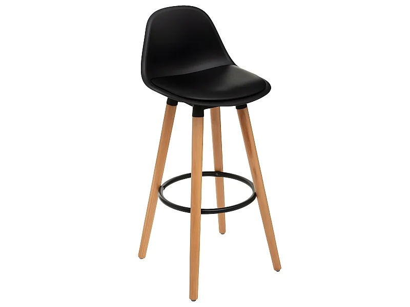 Tabouret de bar confortable Assise Noire et Pieds en Bois H 92 cm
