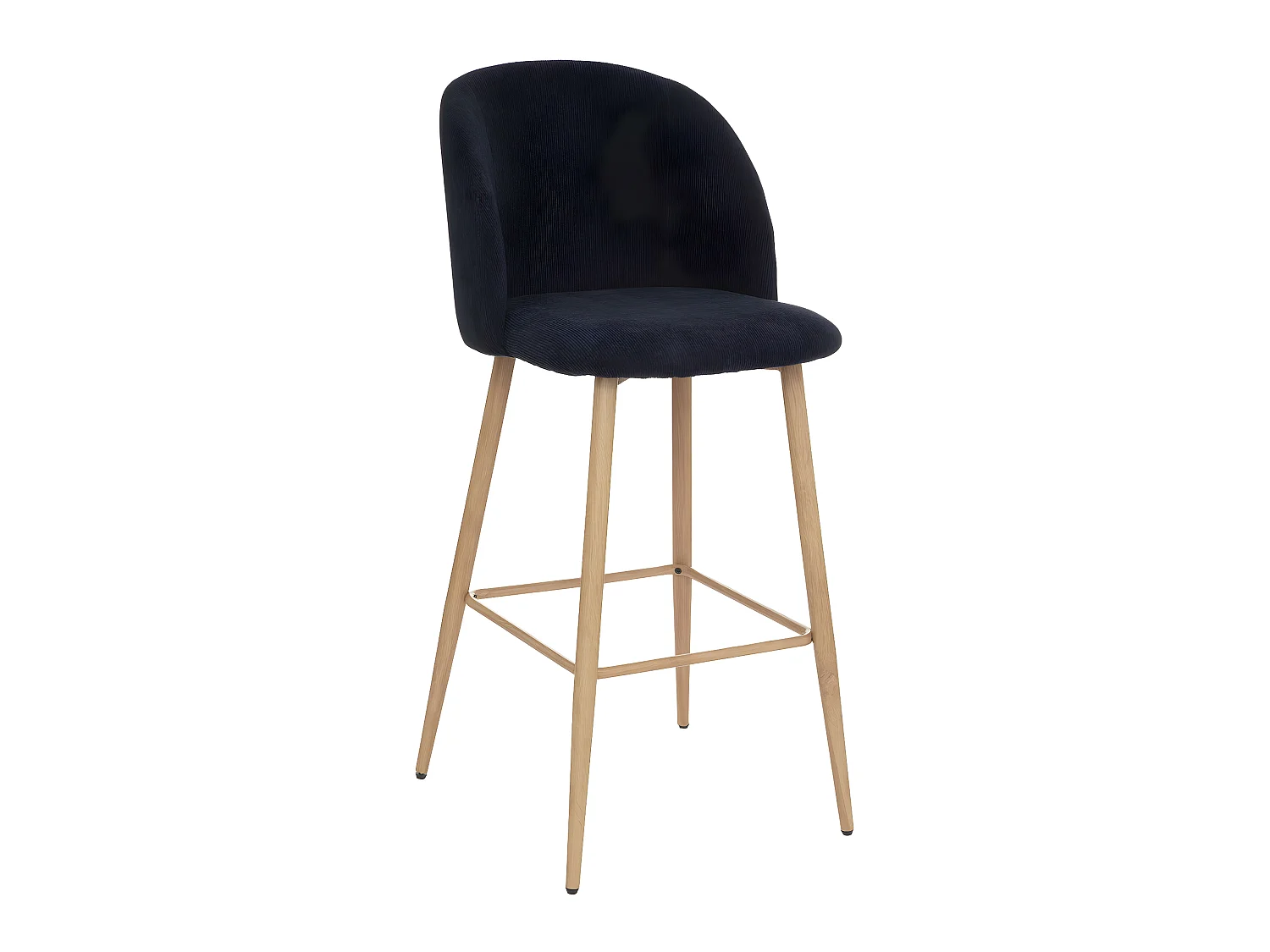 Tabouret Chaise de Bar en velours côtelé Bleu Encre et pieds en métal aspect chêne