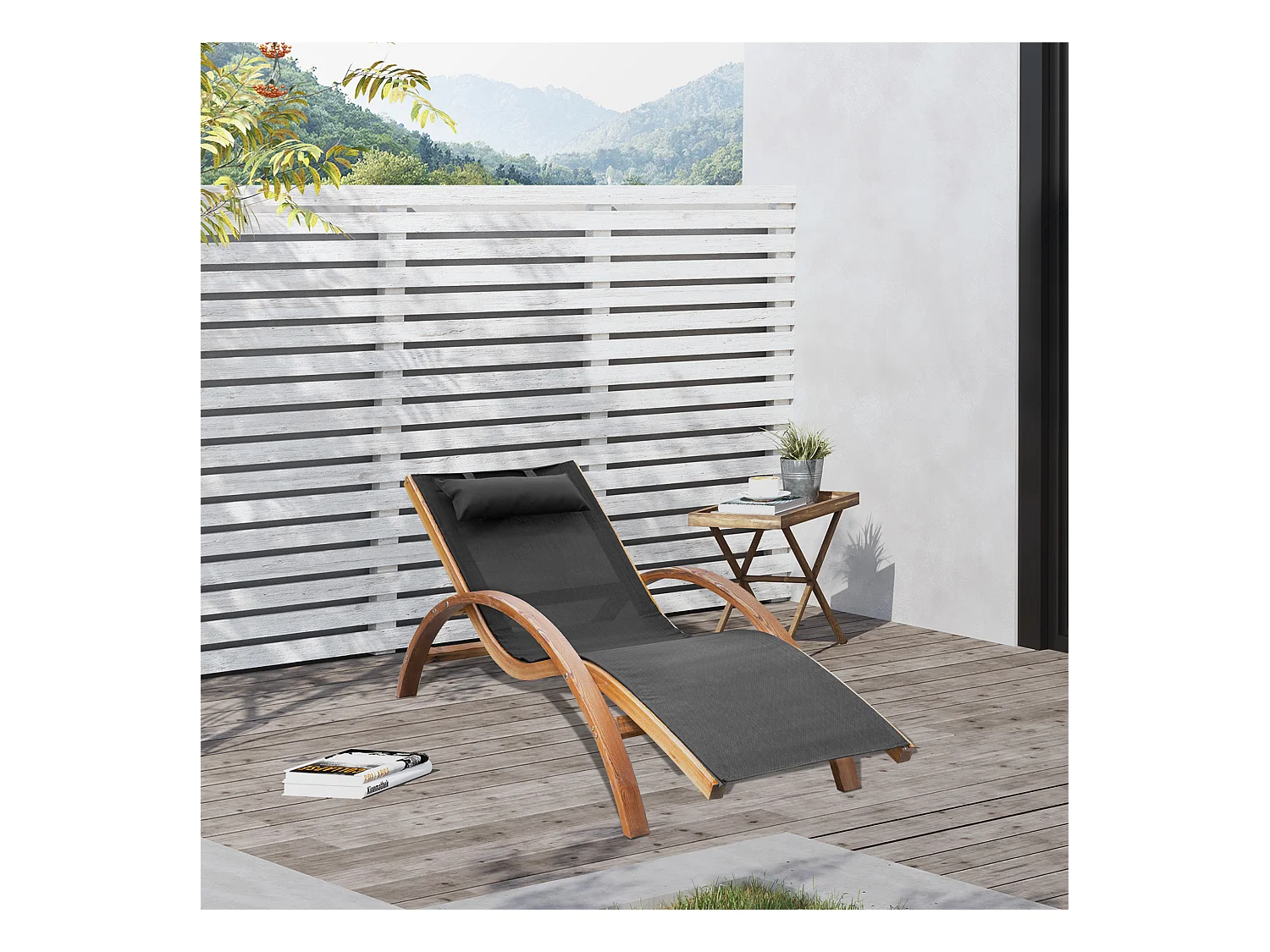 Transat chaise longue design style tropical bois massif naturel coloris beige noir