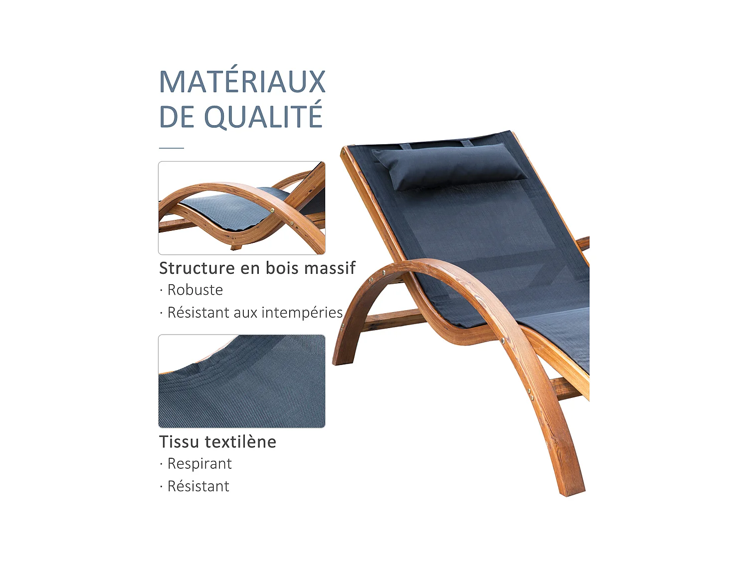 Transat chaise longue design style tropical bois massif naturel coloris beige noir