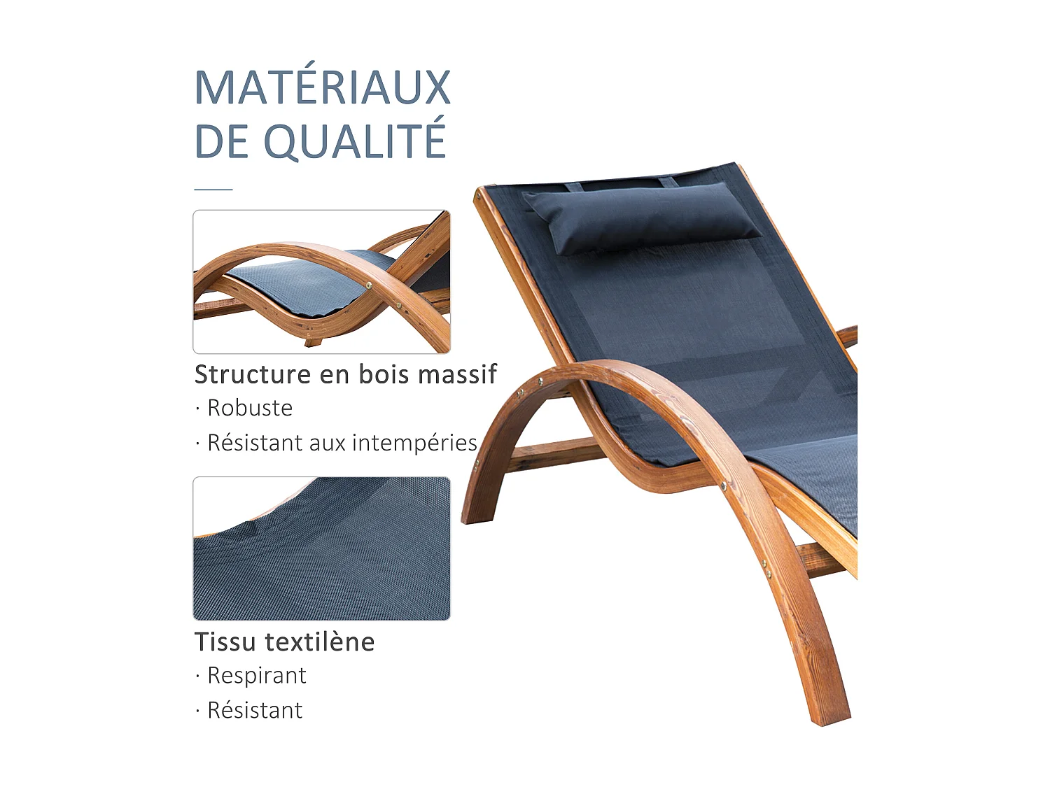 Transat chaise longue design style tropical bois massif naturel coloris beige noir