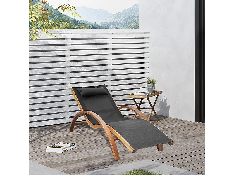 Transat chaise longue design style tropical bois massif naturel coloris beige noir