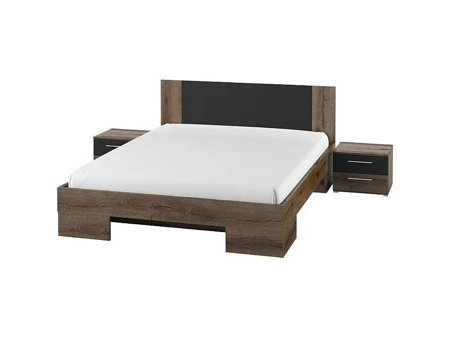 Lit adulte 160x200 collection IRINA. Chevets intégrés. Coloris chêne foncé et noir