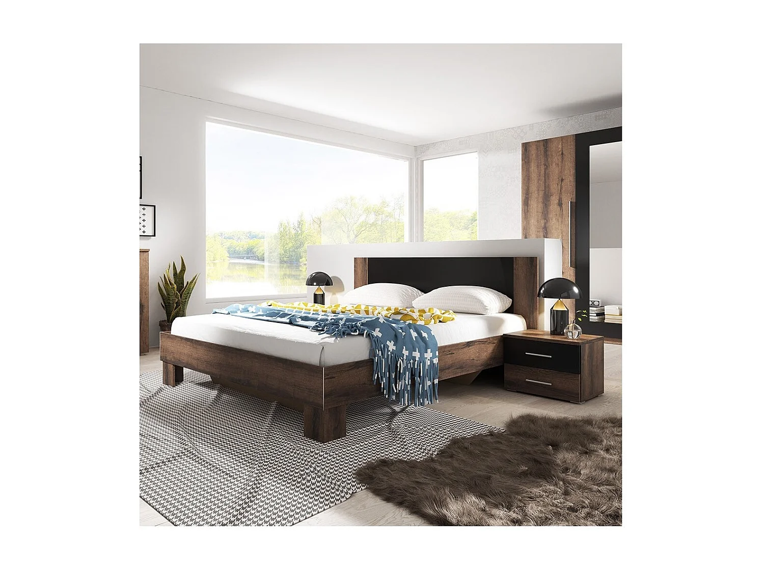 Lit adulte 160x200 collection IRINA. Chevets intégrés. Coloris chêne foncé et noir