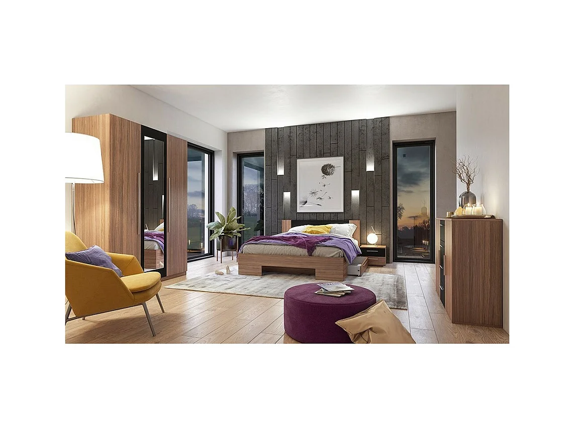 Lit adulte 160x200 collection IRINA. Chevets intégrés. Coloris Red Wallnut et noir