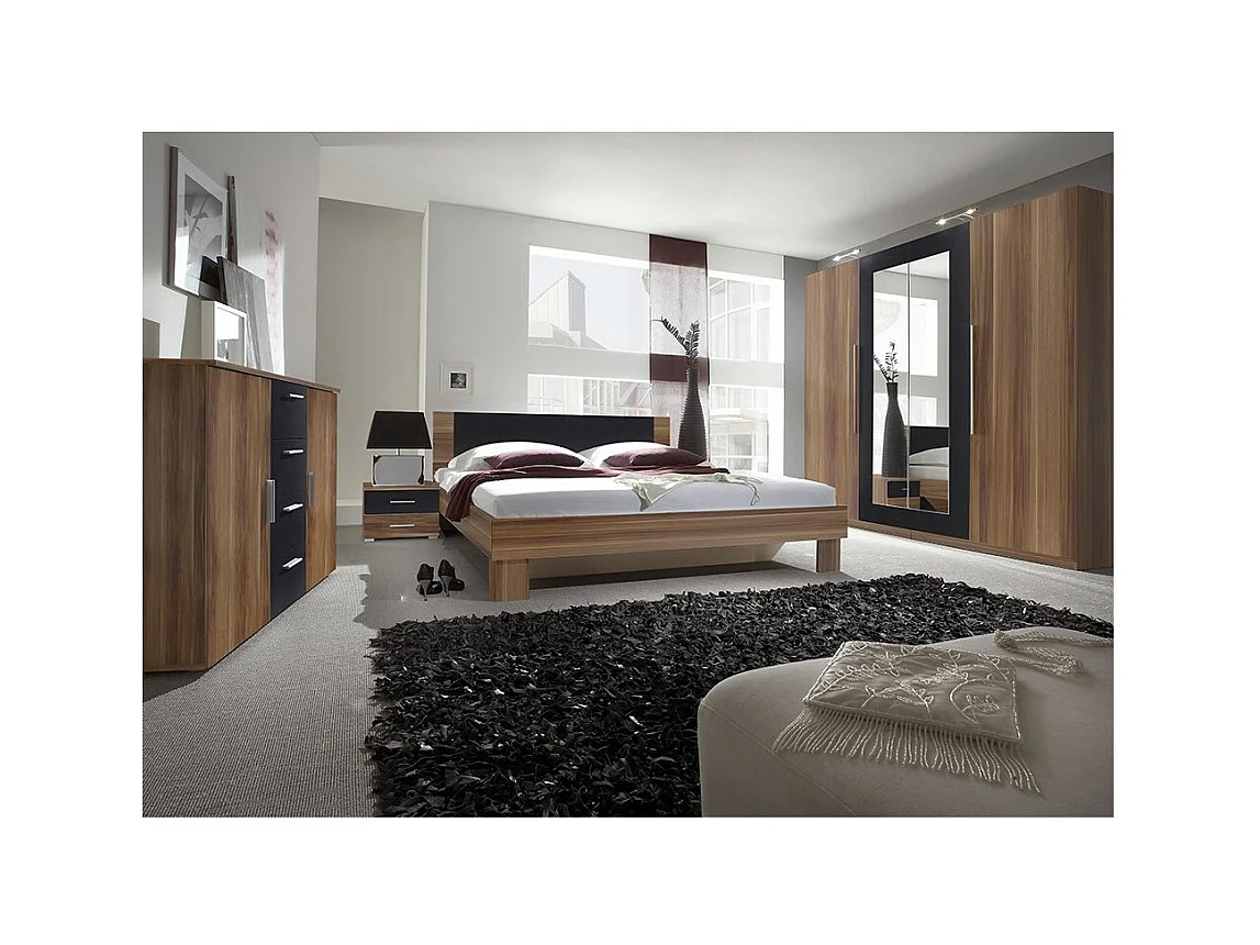 Lit adulte 160x200 collection IRINA. Chevets intégrés. Coloris Red Wallnut et noir