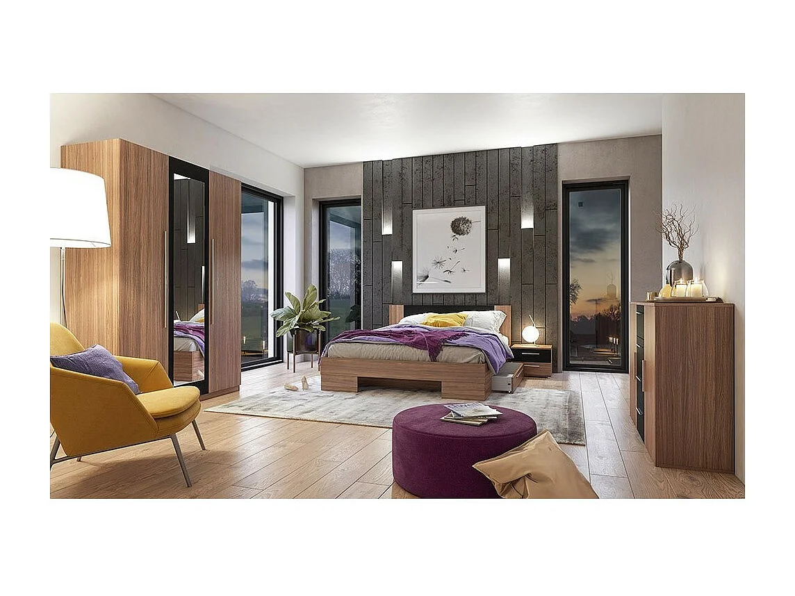 Lit adulte 160x200 collection IRINA. Chevets intégrés. Coloris Red Wallnut et noir