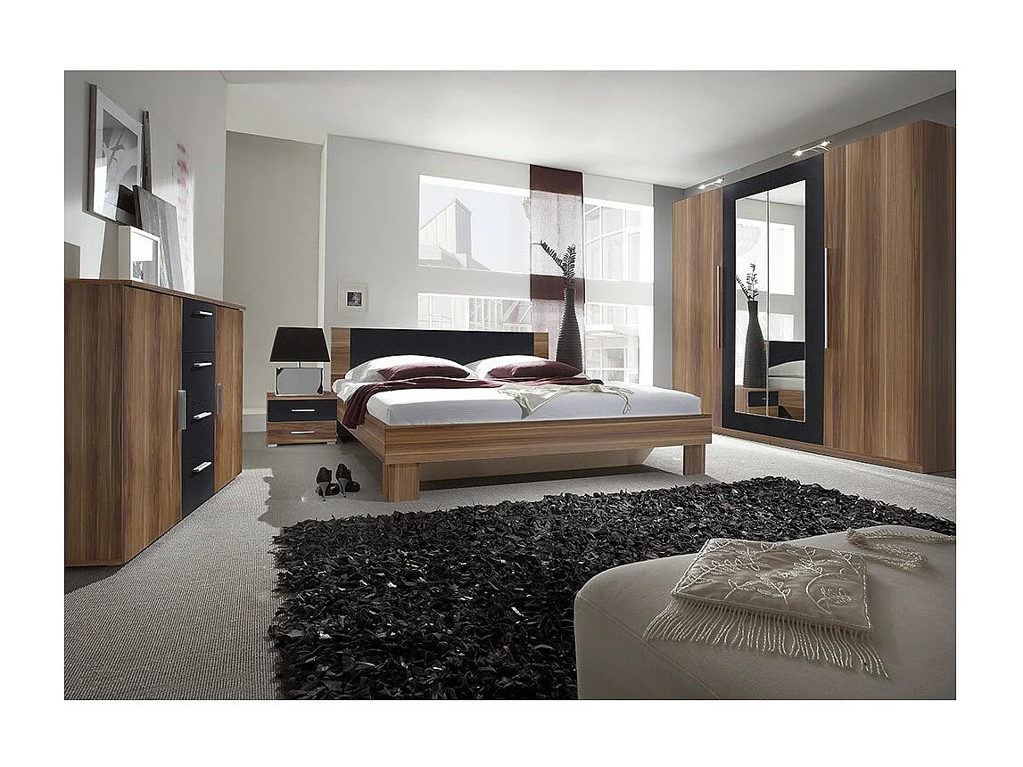 Lit adulte 160x200 collection IRINA. Chevets intégrés. Coloris Red Wallnut et noir