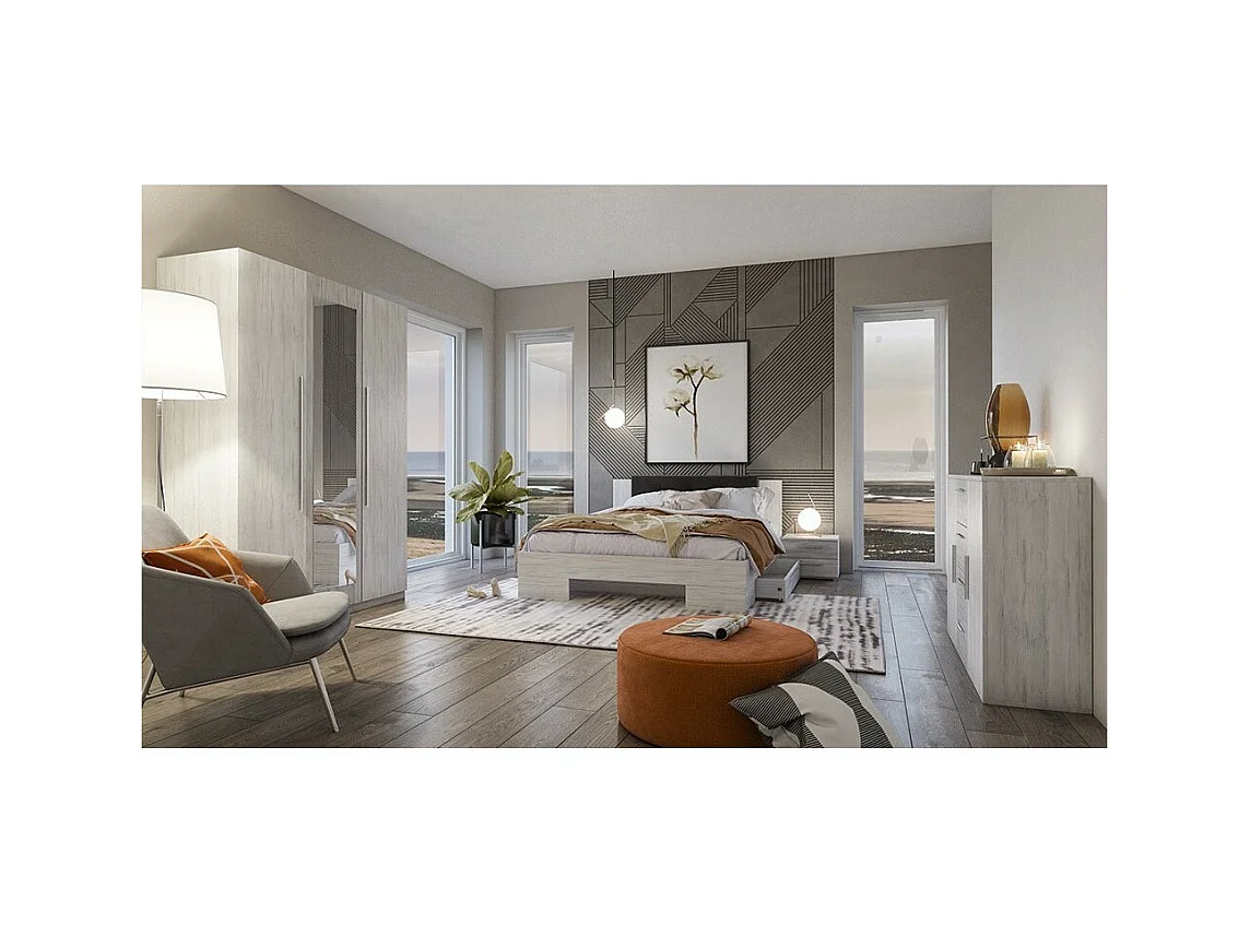 Lit adulte 160x200 collection IRINA. Chevets intégrés. Coloris gris clair et gris foncé