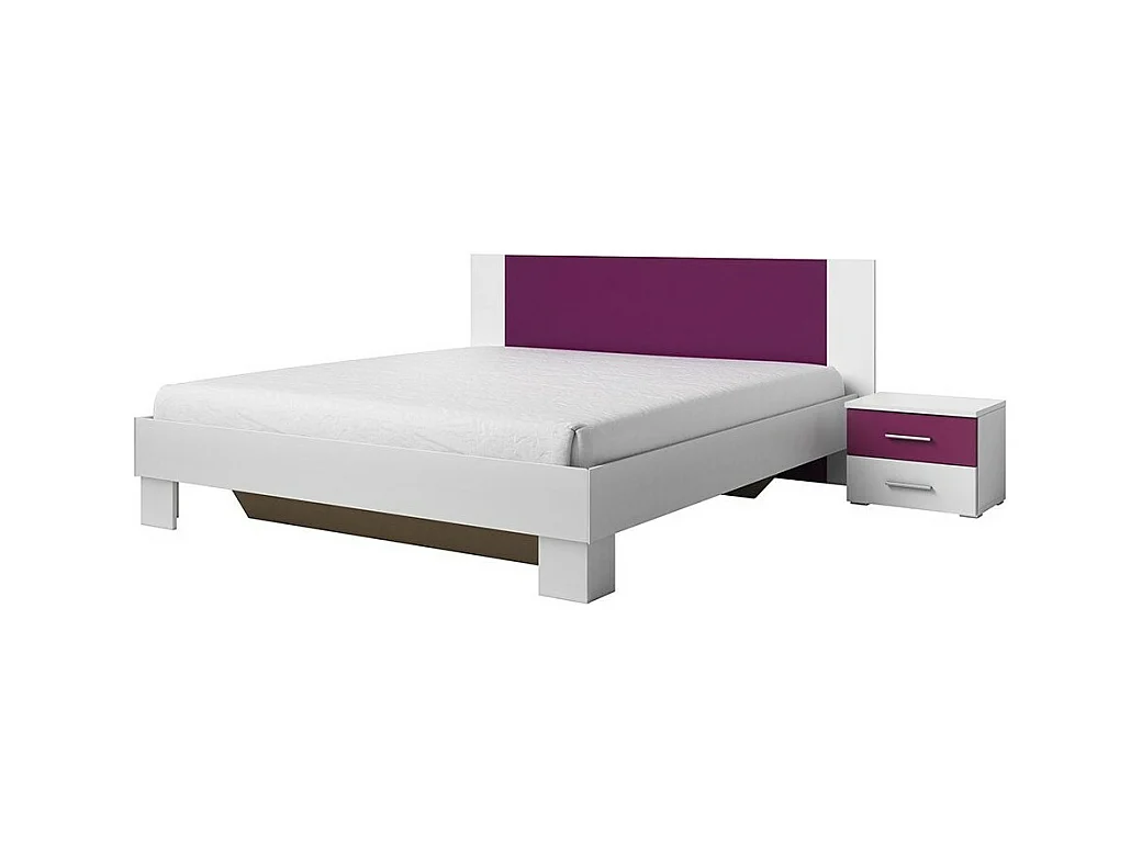Lit IRINA 180x200 cm avec sommier et 2 chevets, coloris blanc et lilas