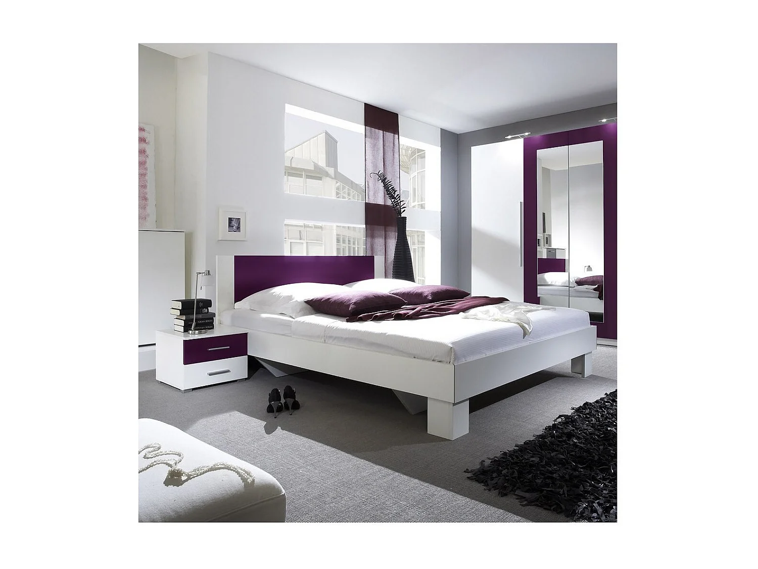 Lit IRINA 180x200 cm avec sommier et 2 chevets, coloris blanc et lilas