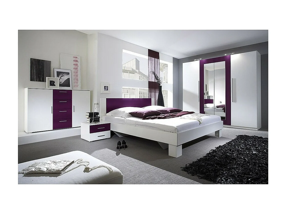 Lit IRINA 180x200 cm avec sommier et 2 chevets, coloris blanc et lilas