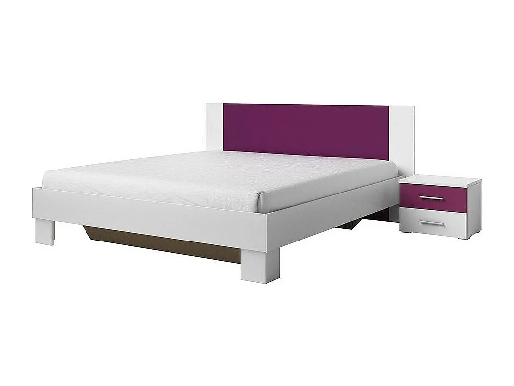 Lit IRINA 180x200 cm avec sommier et 2 chevets, coloris blanc et lilas
