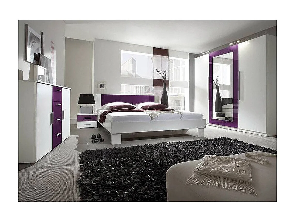 Lit IRINA 180x200 cm avec sommier et 2 chevets, coloris blanc et lilas