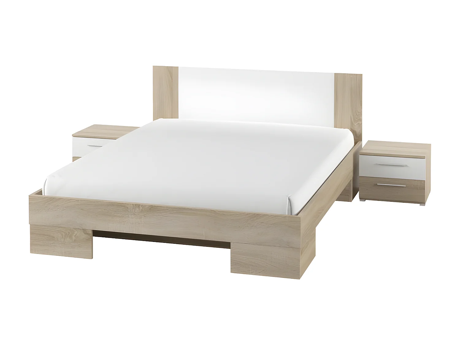 Lit adulte 160x200 collection IRINA. Chevets intégrés. Coloris chêne clair et blanc