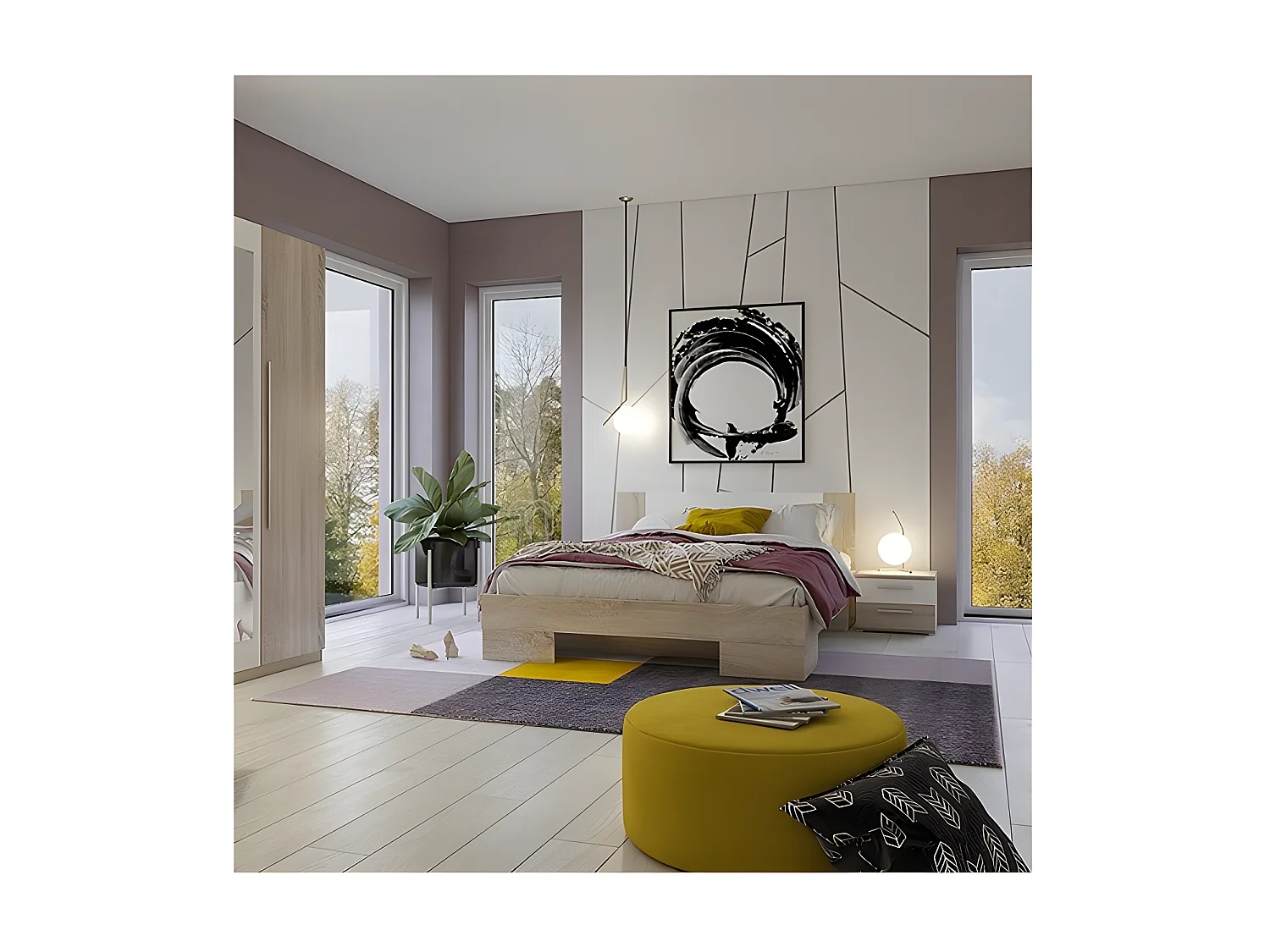 Lit adulte 160x200 collection IRINA. Chevets intégrés. Coloris chêne clair et blanc