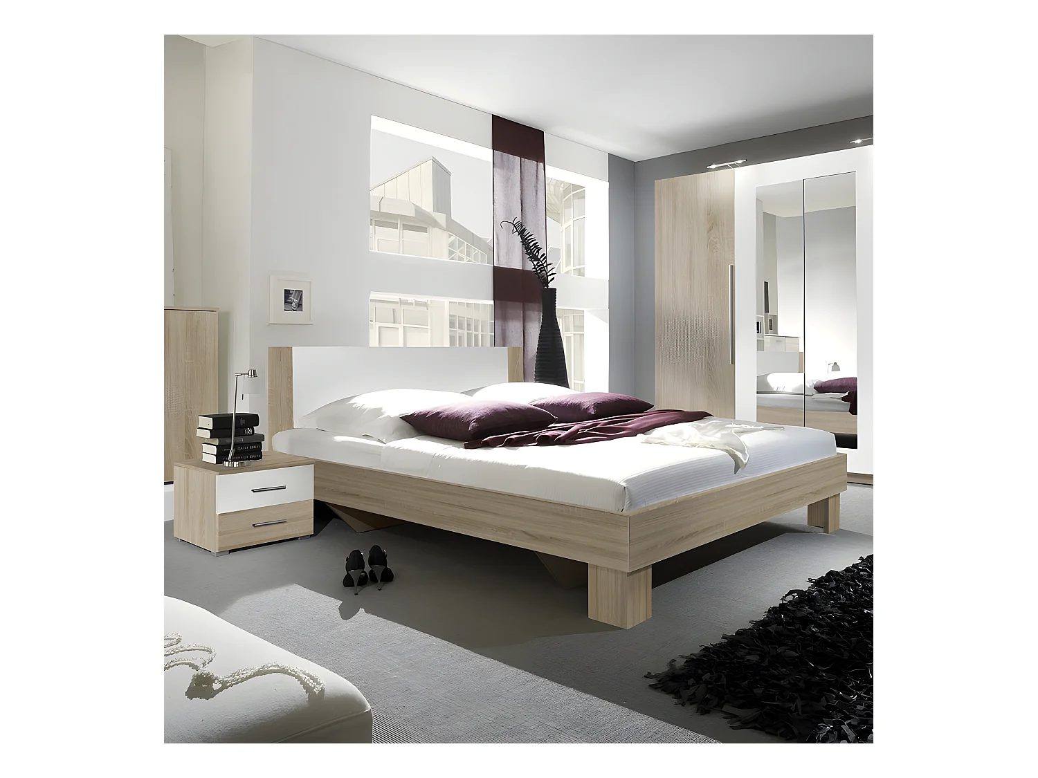 Lit adulte 160x200 collection IRINA. Chevets intégrés. Coloris chêne clair et blanc